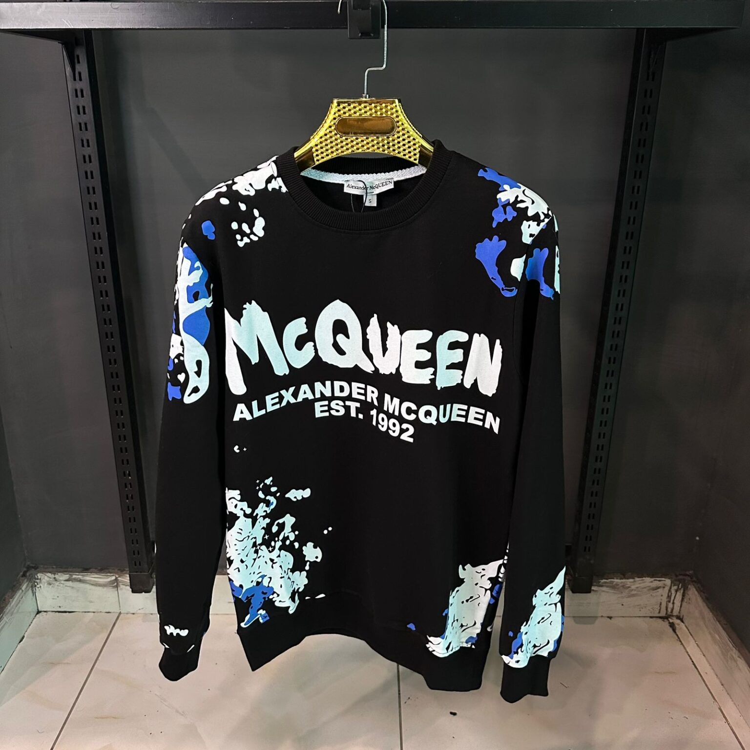 Black Sweatshirt White Blue Print