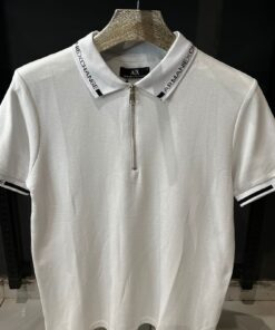Alternative view of AX logo tipped collar and cuff zip neck pique polo in off white