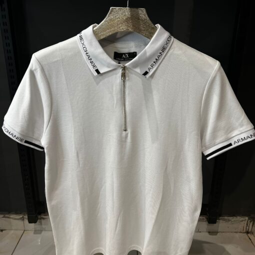 AX logo tipped collar and cuff zip neck pique polo in off white - Image 2
