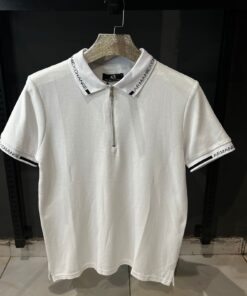 AX logo tipped collar and cuff zip neck pique polo in off white
