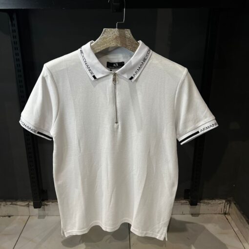 AX logo tipped collar and cuff zip neck pique polo in off white