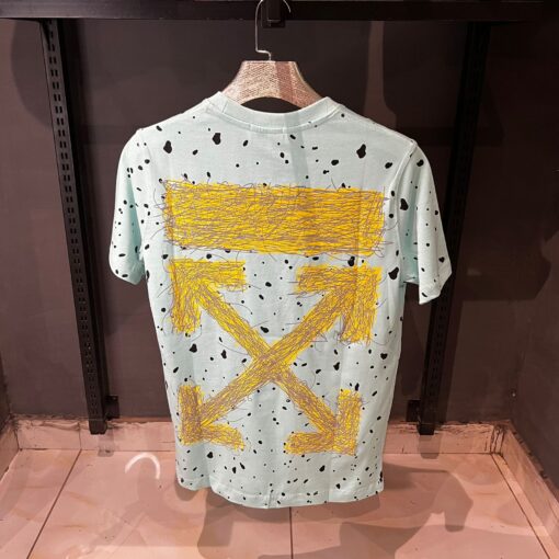 OFFW paint splatterd black dots cotton mens see green t-shirt - Image 2