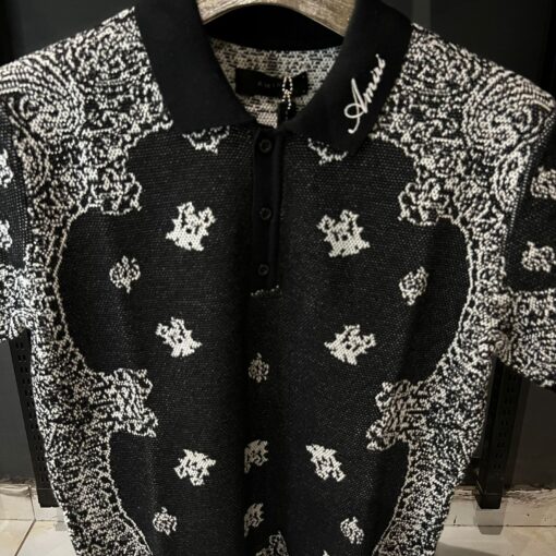 AR Bandana Pattern Knitted Polo Shirt Black White - Image 3