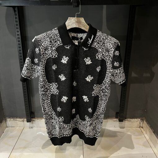 AR Bandana Pattern Knitted Polo Shirt Black White