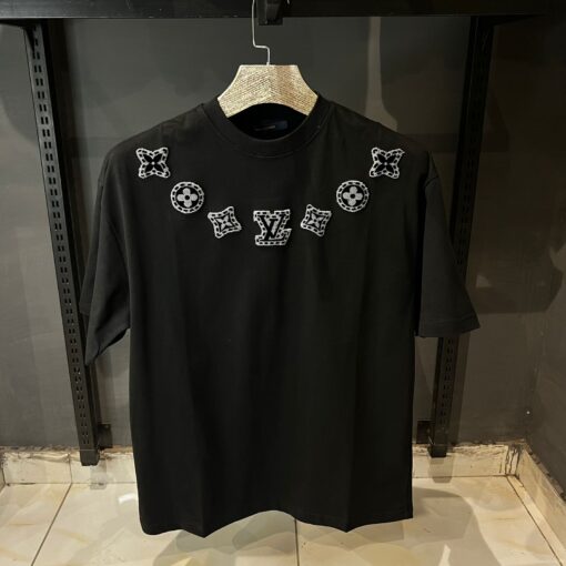 Louis V Black T Shirt With monogram Patches