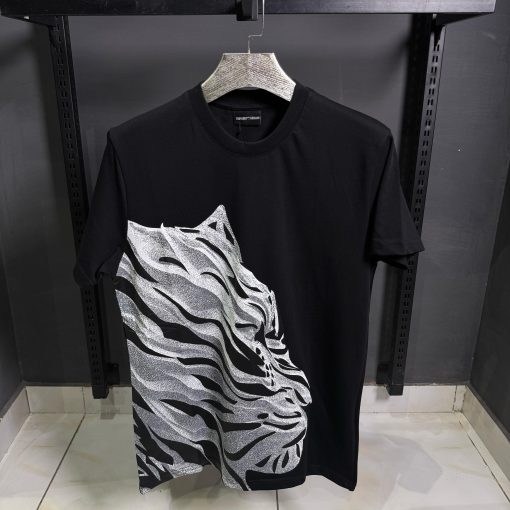 AX Silver Tiger Print  Black T Shirt