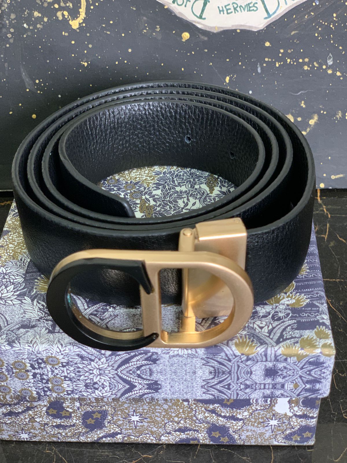 CD Black Leather Belt with Black Gold Logo - Image 3