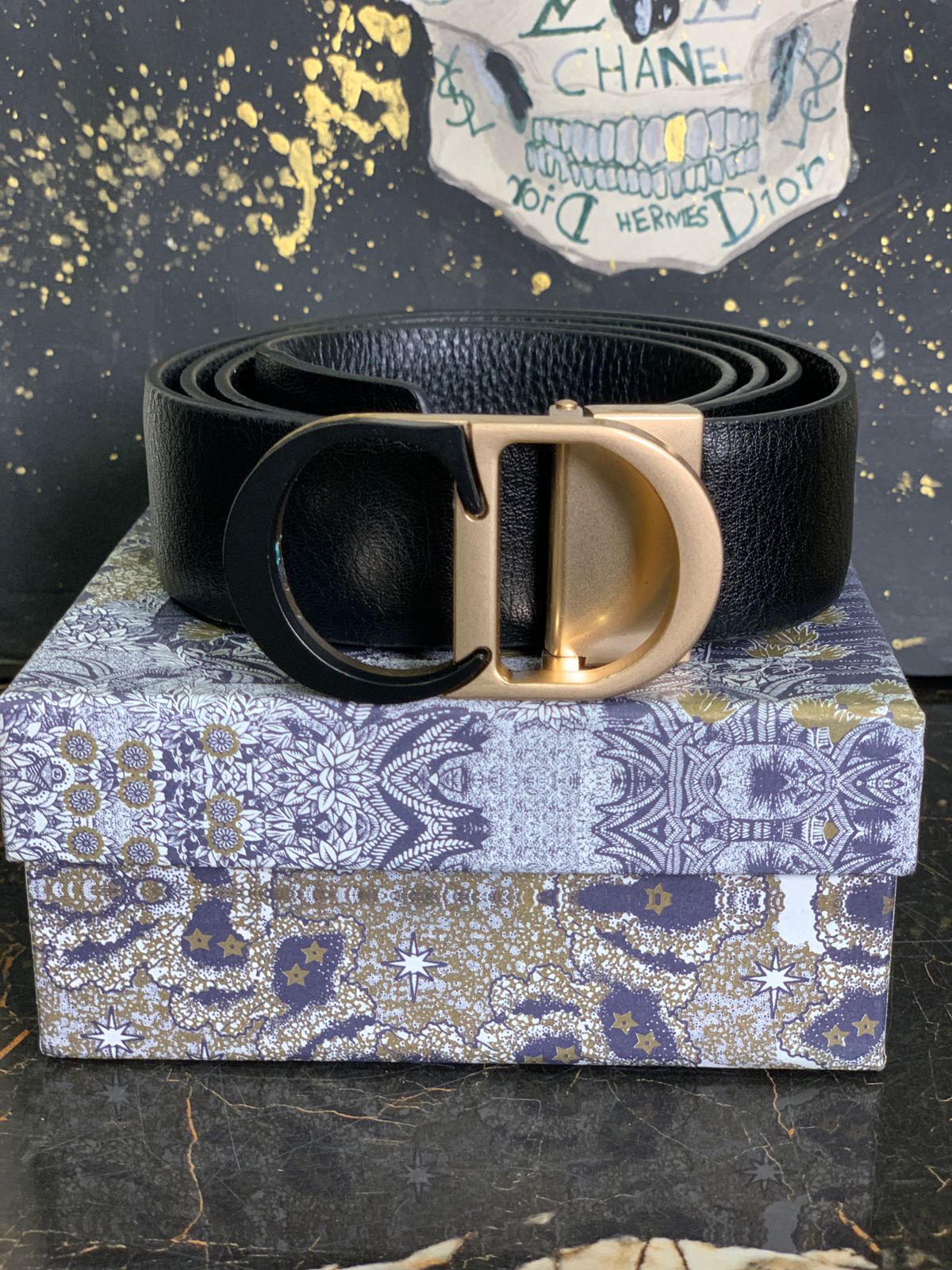 CD Black Leather Belt with Black Gold Logo