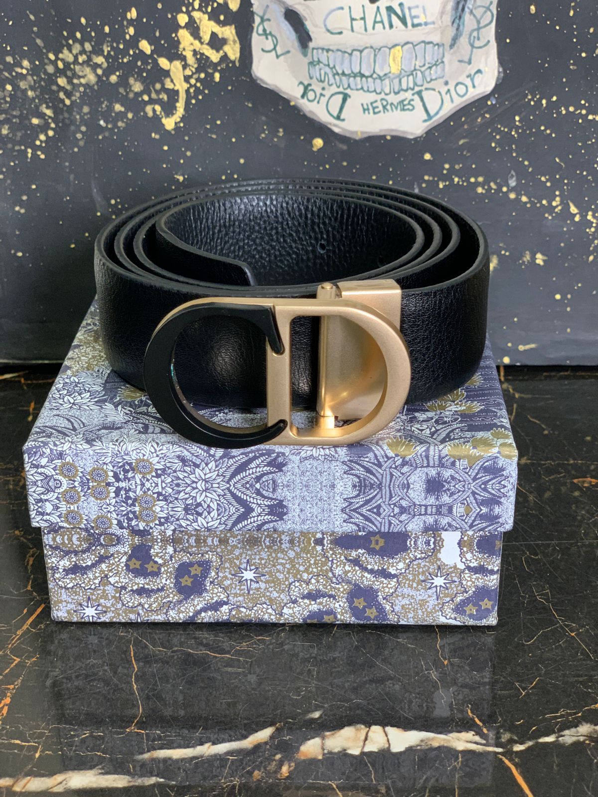 CD Black Leather Belt with Black Gold Logo - Image 2