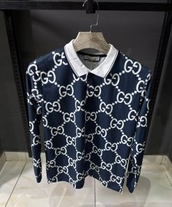 GC Navy Blue Monogram Long Sleeve Polo Shirt