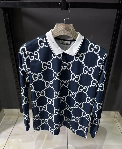 GC Navy Blue Monogram Long Sleeve Polo Shirt