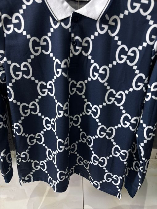 GC Navy Blue Monogram Long Sleeve Polo Shirt - Image 2