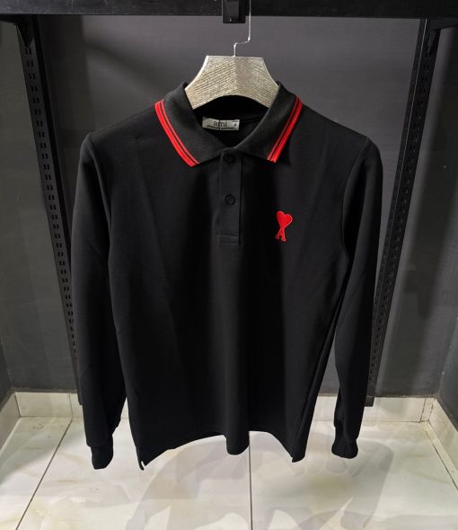 AMI Paris Black Long Sleeve Polo Shirt