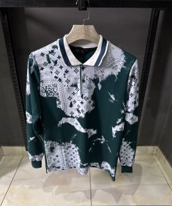Louis V Green Monogram Long Sleeve Polo Shirt