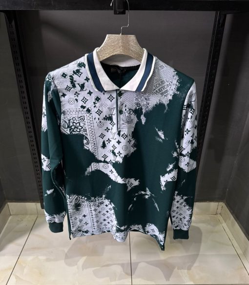 Louis V Green Monogram Long Sleeve Polo Shirt
