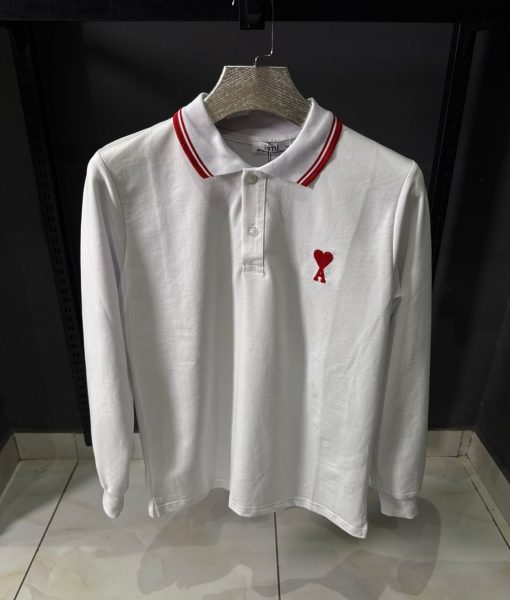 AMI Paris White Long Sleeve Polo Shirt