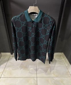 GC Black Green Monogram Long Sleeve Polo Shirt