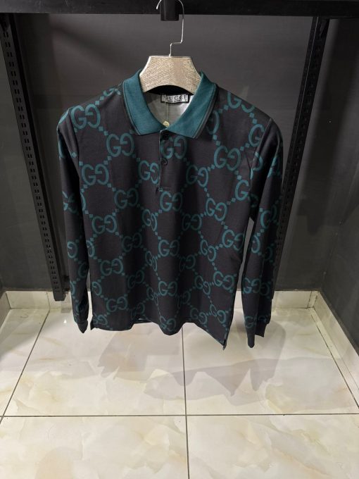 GC Black Green Monogram Long Sleeve Polo Shirt
