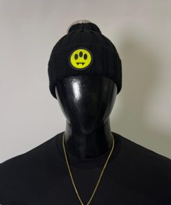 Barrow Black Ribbed Beanie with Green Smiley Logo Patch