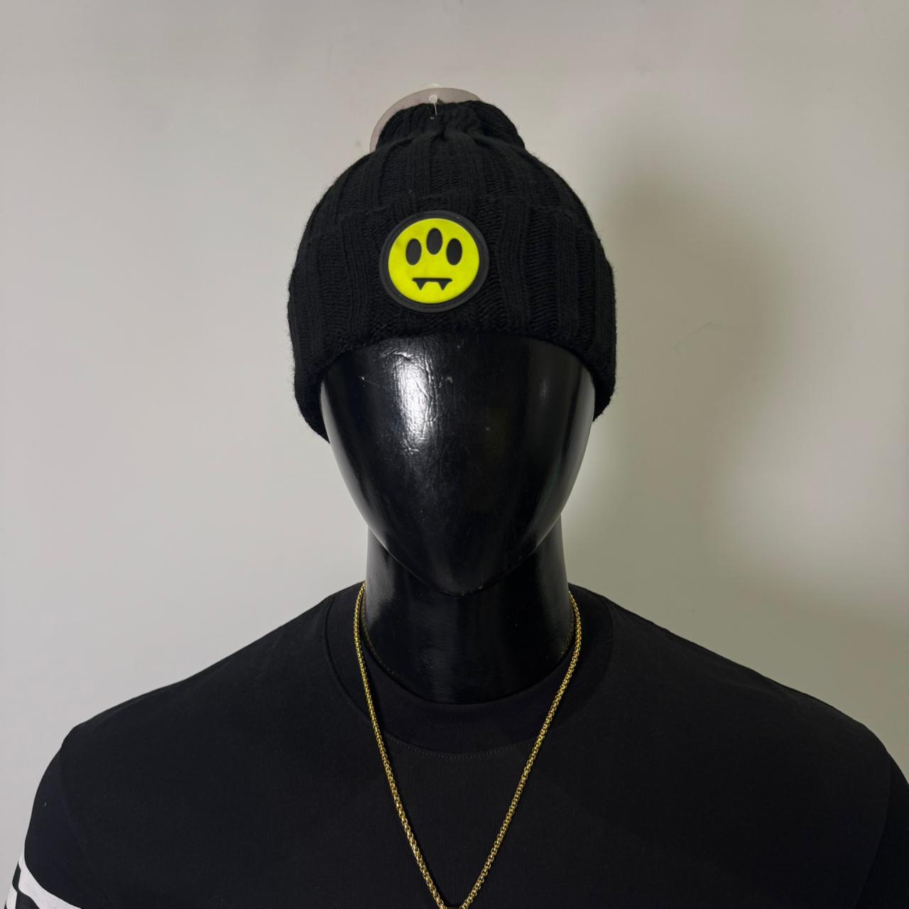 Barrow Black Ribbed Beanie with Green Smiley Logo Patch
