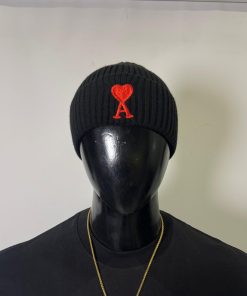 AMI Paris Heart Logo Ribbed Knit Beanie Black