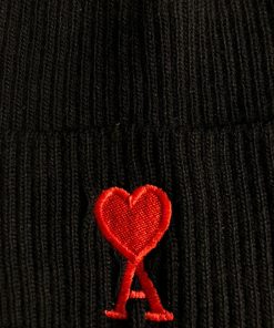 Alternative view of AMI Paris Heart Logo Ribbed Knit Beanie Black