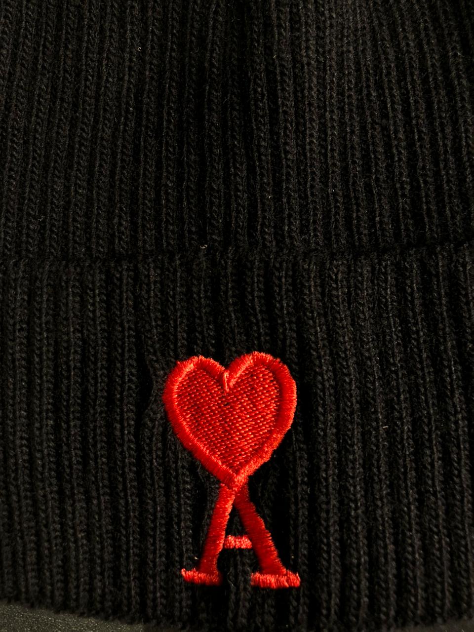 AMI Paris Heart Logo Ribbed Knit Beanie Black - Image 2
