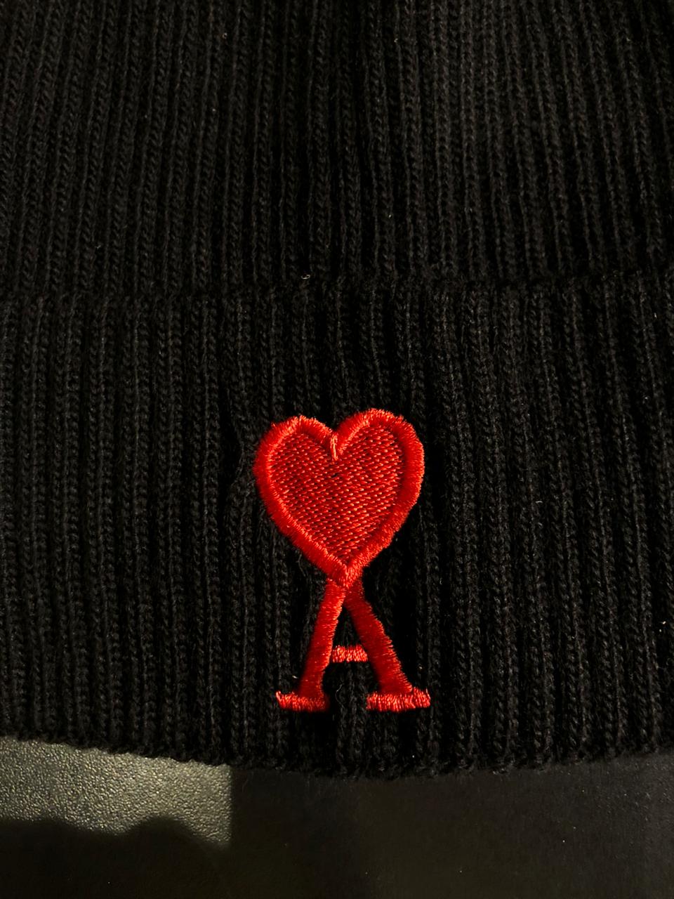 AMI Paris Heart Logo Ribbed Knit Beanie Black - Image 3