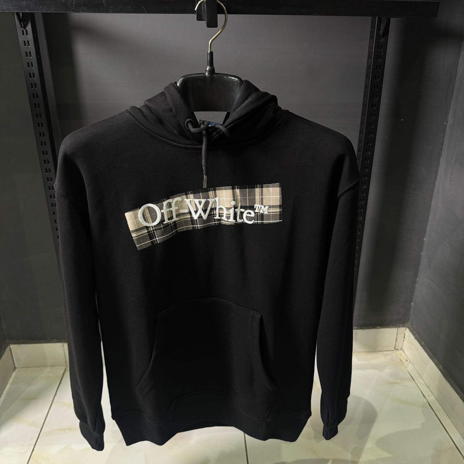 OffW Black Plaid Patch Logo Hoodie