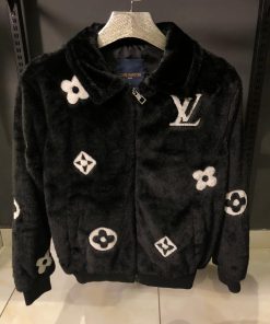 Louis V Inspired Monogram Faux Fur Jacket Black