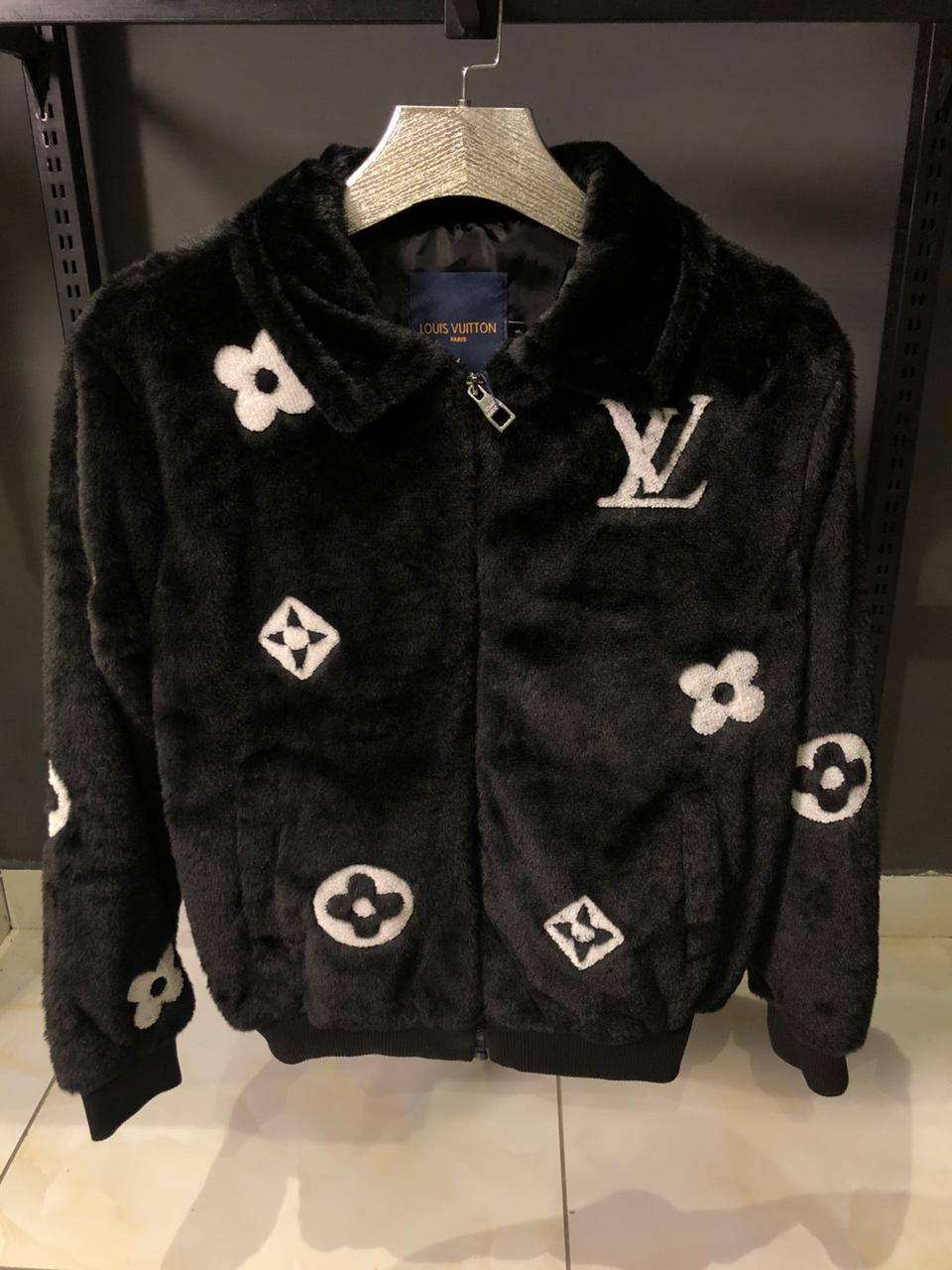 Louis V Inspired Monogram Faux Fur Jacket Black