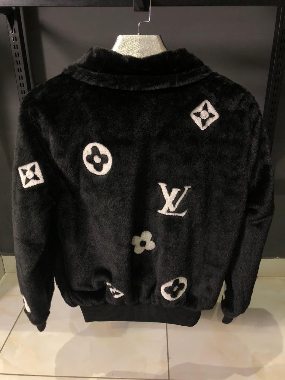 Louis V Inspired Monogram Faux Fur Jacket Black - Image 2