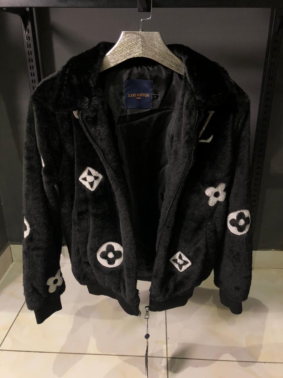 Louis V Inspired Monogram Faux Fur Jacket Black - Image 3