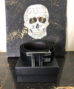 TF Buckle Leather Belt Silver Buckle Classic Black