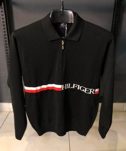 TH Global Stripe Quarter Zip Black Polo