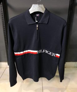 TH Global Stripe Quarter Zip Navy Blue Polo
