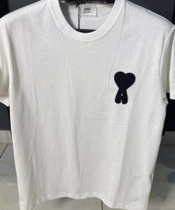 Alternative view of AMI Paris Black Embroidery T Shirt White