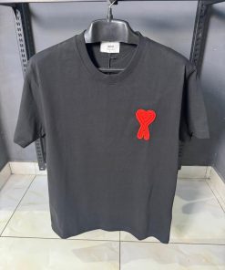 AMI Paris Red Embroidery T Shirt Black