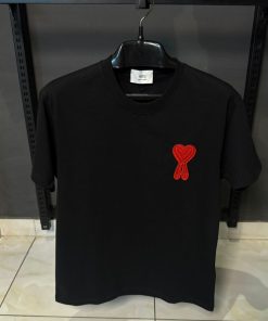 AMI Paris Red Embroidery T Shirt Black