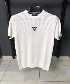 PD White Ribbed Knit Contrast Trim T Shirt