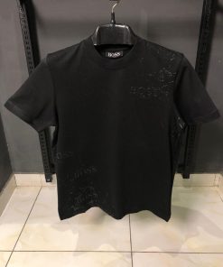 HU BOSS Black Glitch Logo Mixed Print T Shirt